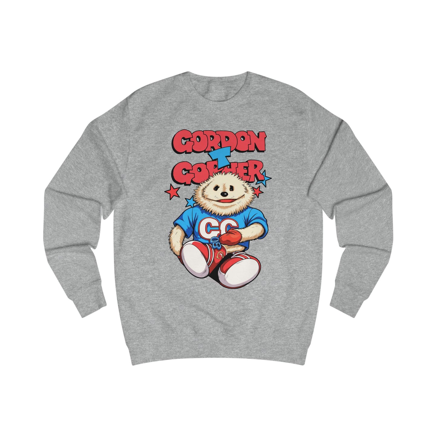 Grey sweatshirt with a cartoon 80s Puppet character and 'Gordon T Gopher' text 