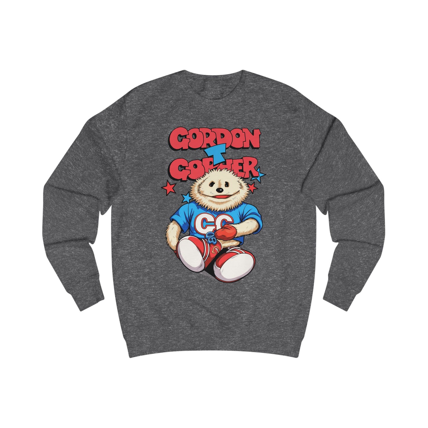 Grey heather sweatshirt with a cartoon 80s Puppet character and 'Gordon T Gopher' text 