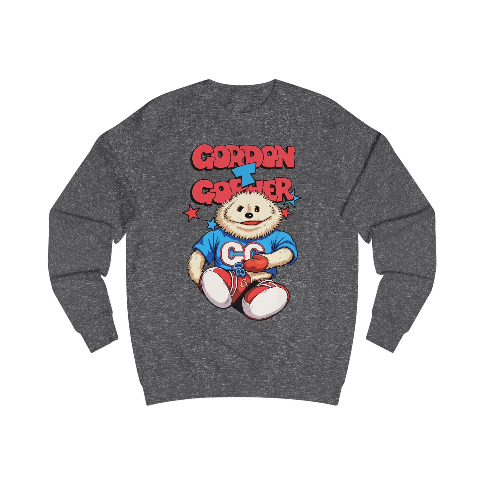 Grey heather sweatshirt with a cartoon 80s Puppet character and 'Gordon T Gopher' text 