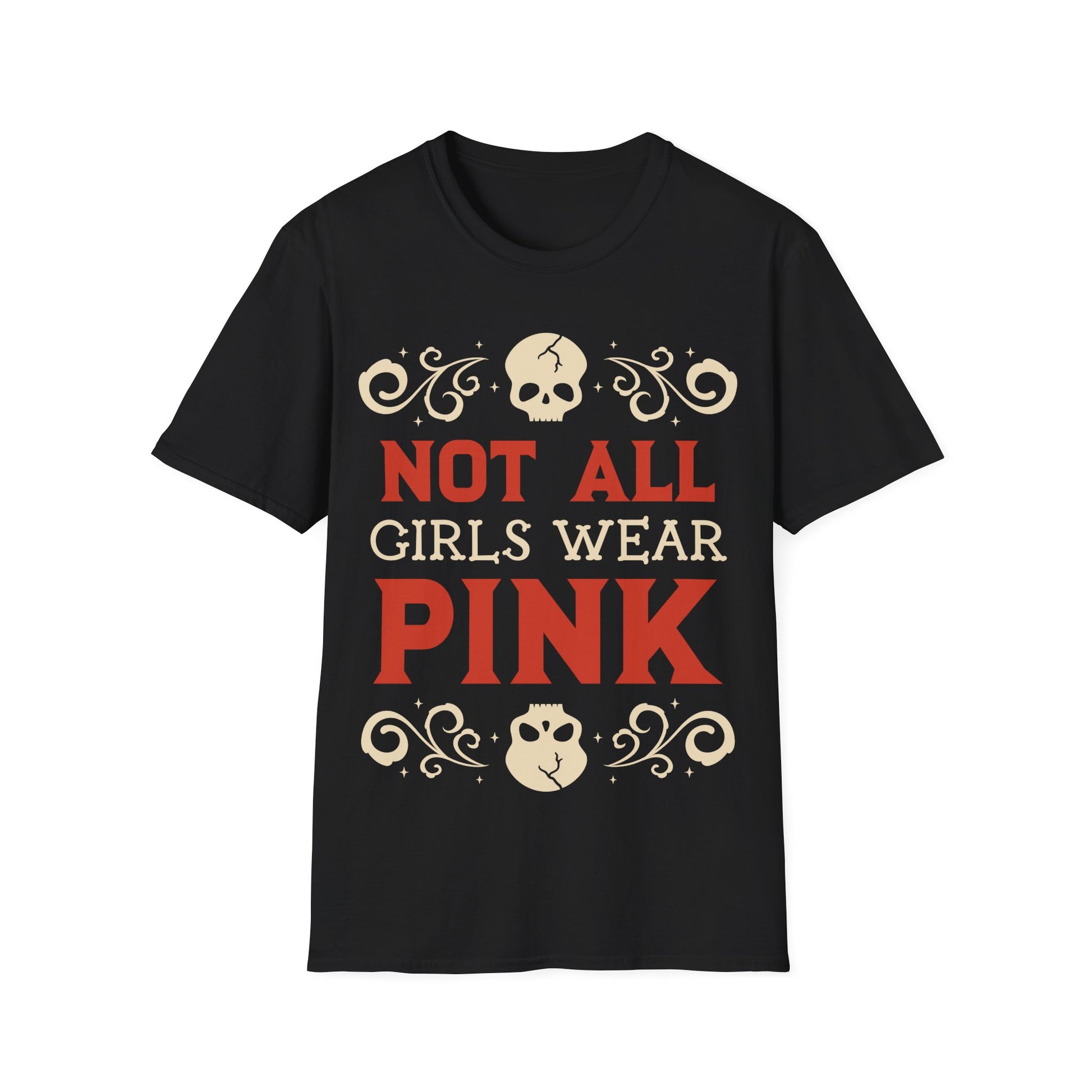 Black t-shirt with text 'Not All Girls Wear Pink' and skull designs on a white background