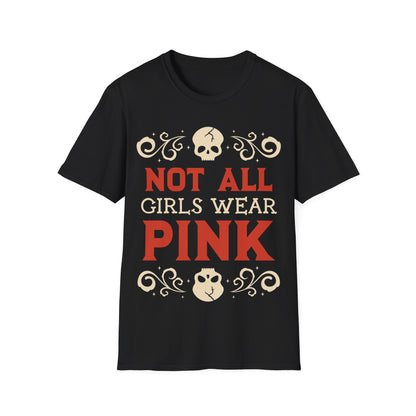 Black t-shirt with text 'Not All Girls Wear Pink' and skull designs on a white background