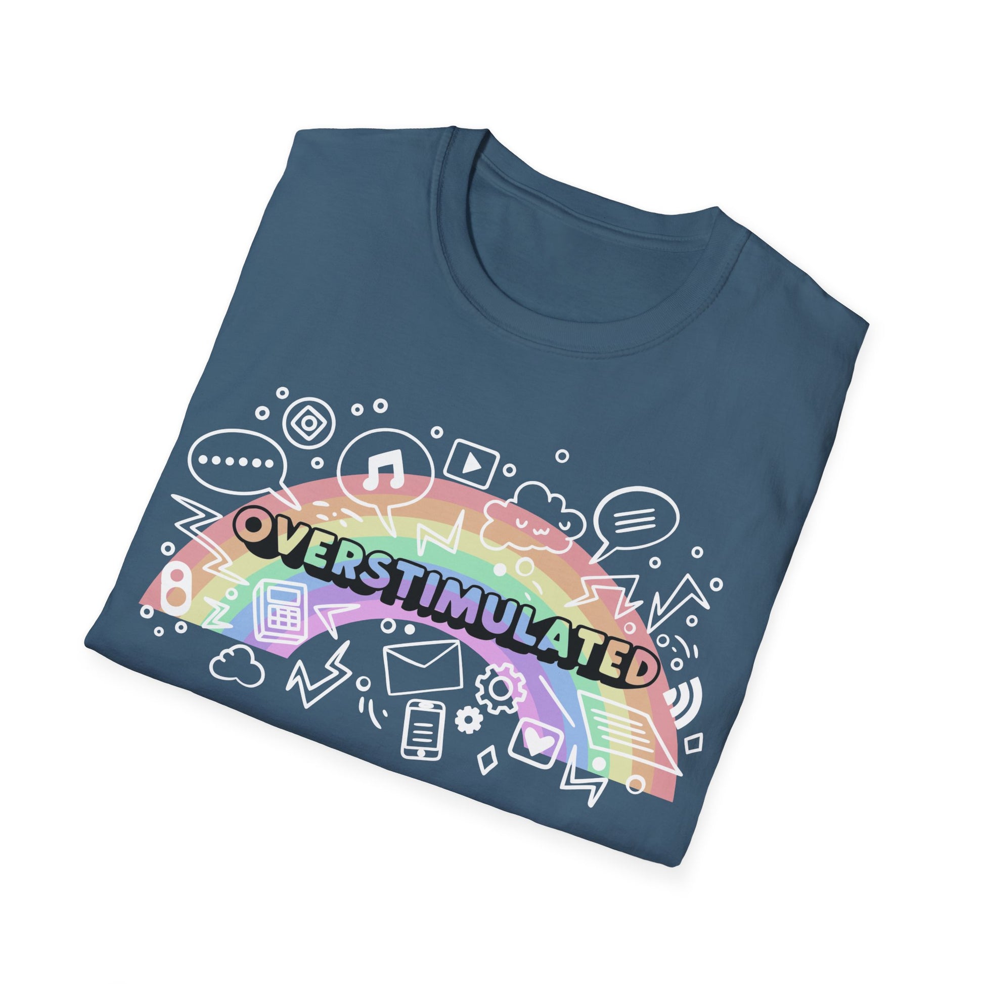 Folded blue t-shirt with colorful 'OVERSTIMULATED' design on a white background