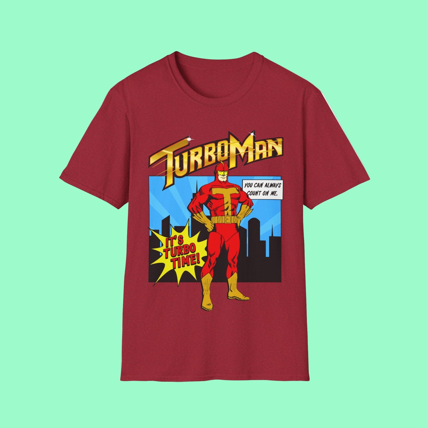 Antique Red short sleeve t-shirt with TurboMan graphic design Christmas Jingle All The Way movie inspired top