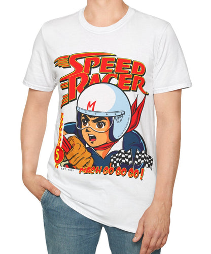 Person wearing a white t-shirt with a 'Speed Racer' graphic design on a white background