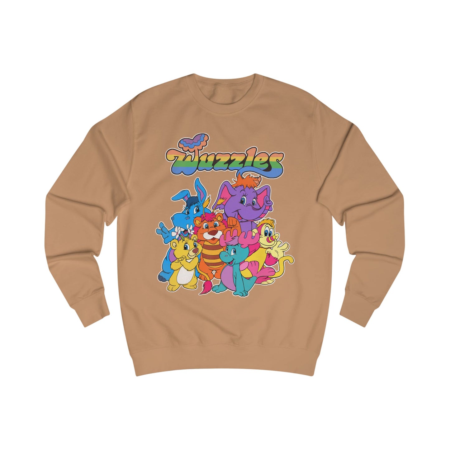 Brown sweatshirt with colorful cartoon characters and 'Wuzzles' text on a white background