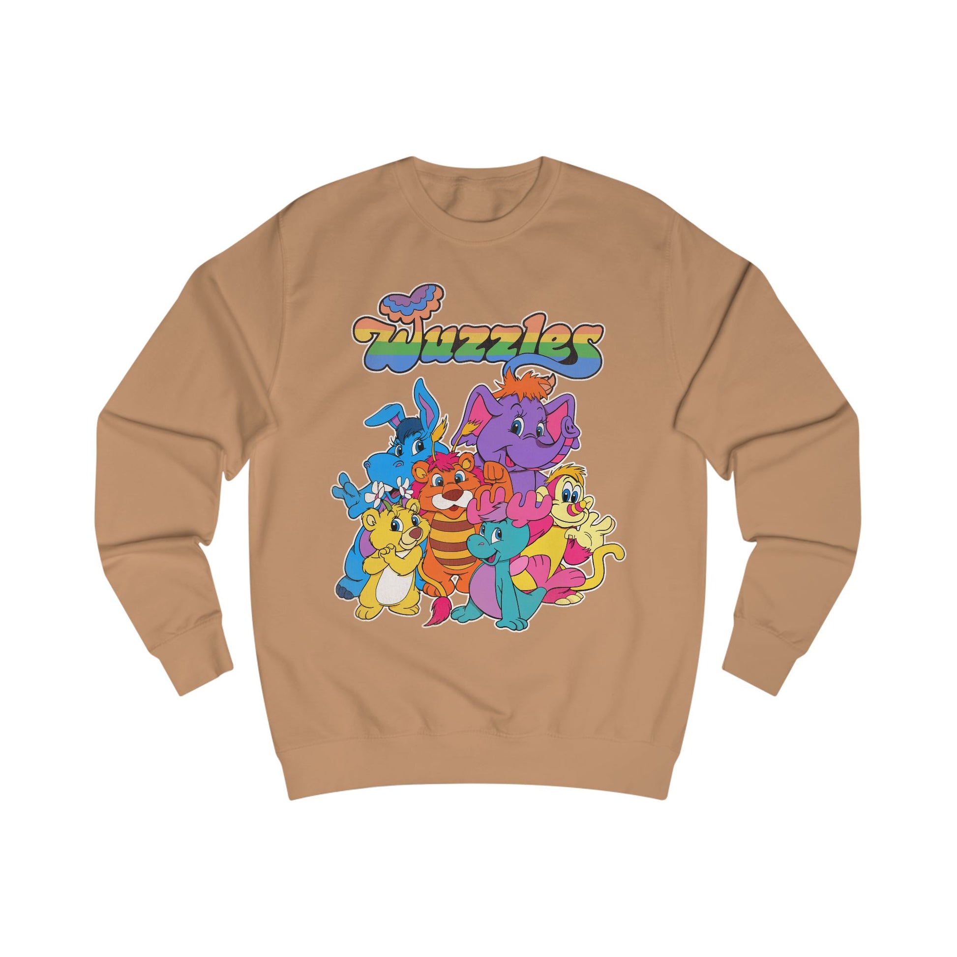 Brown sweatshirt with colorful cartoon characters and 'Wuzzles' text on a white background