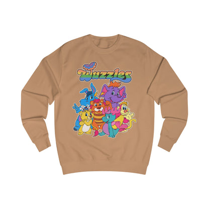 Brown sweatshirt with colorful cartoon characters and 'Wuzzles' text on a white background