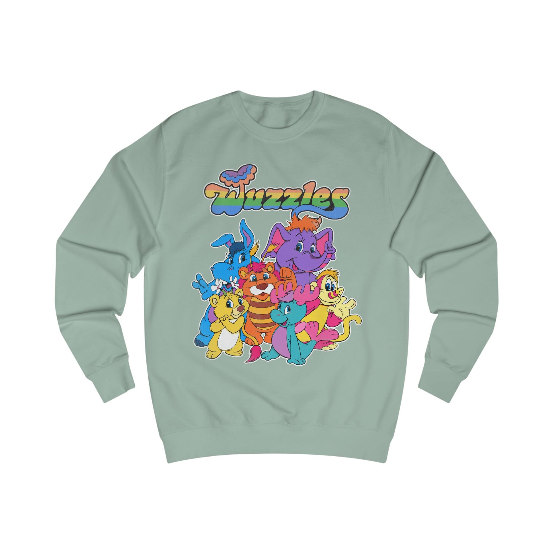 Light green sweatshirt with colorful cartoon characters and 'Wuzzles' text on a white background