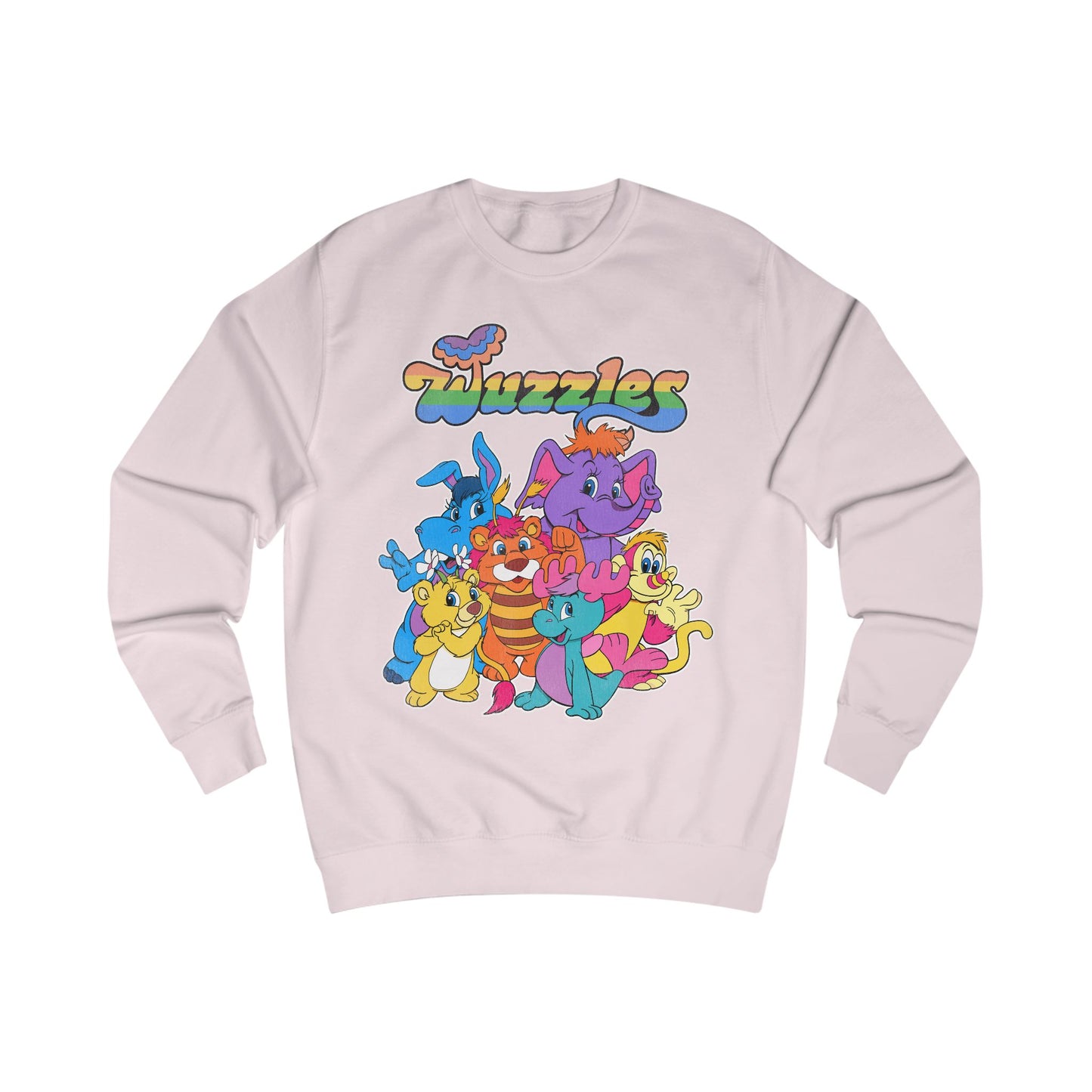Light pink sweatshirt with colorful 'Wuzzles' character design on a white background
