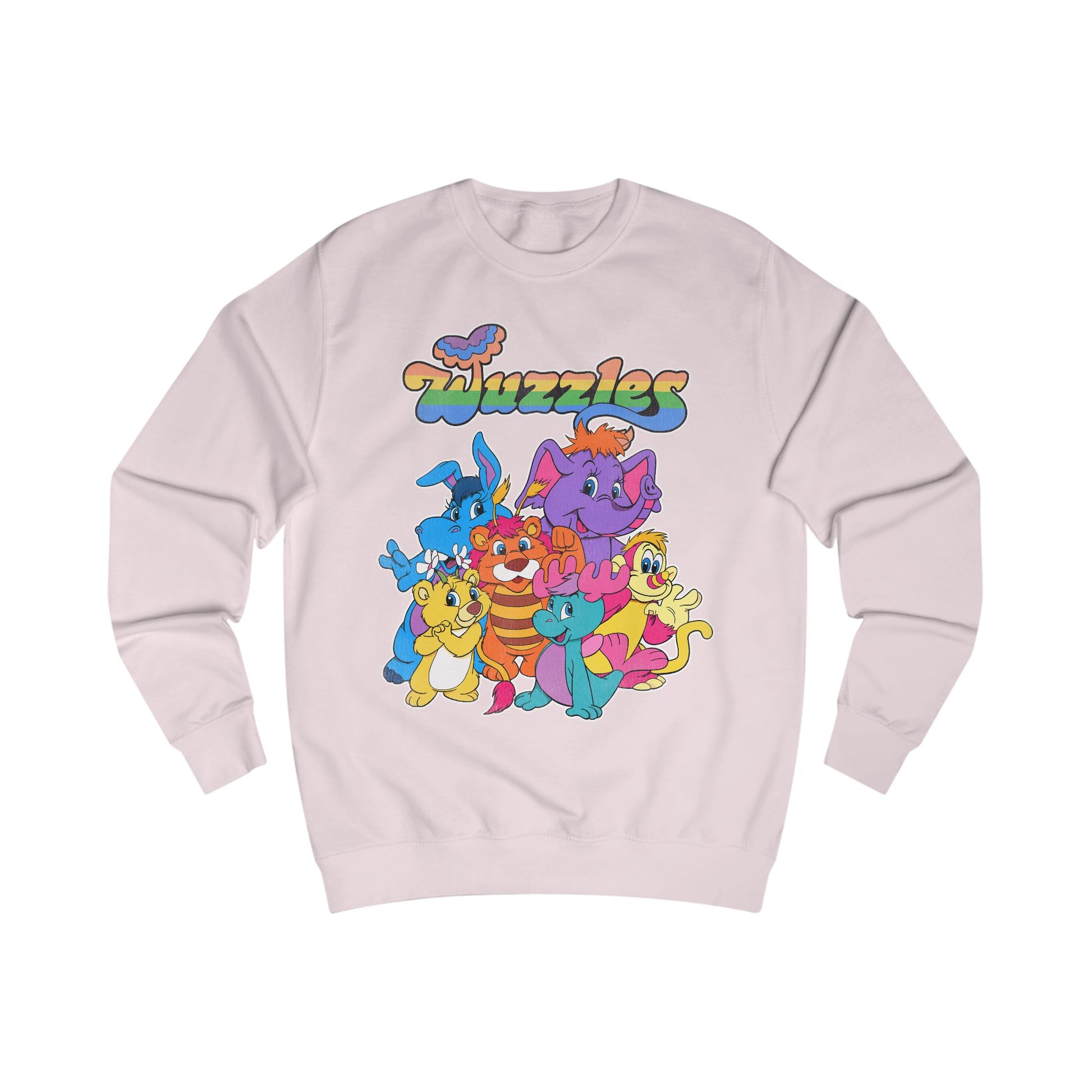 Light pink sweatshirt with colorful 'Wuzzles' character design on a white background