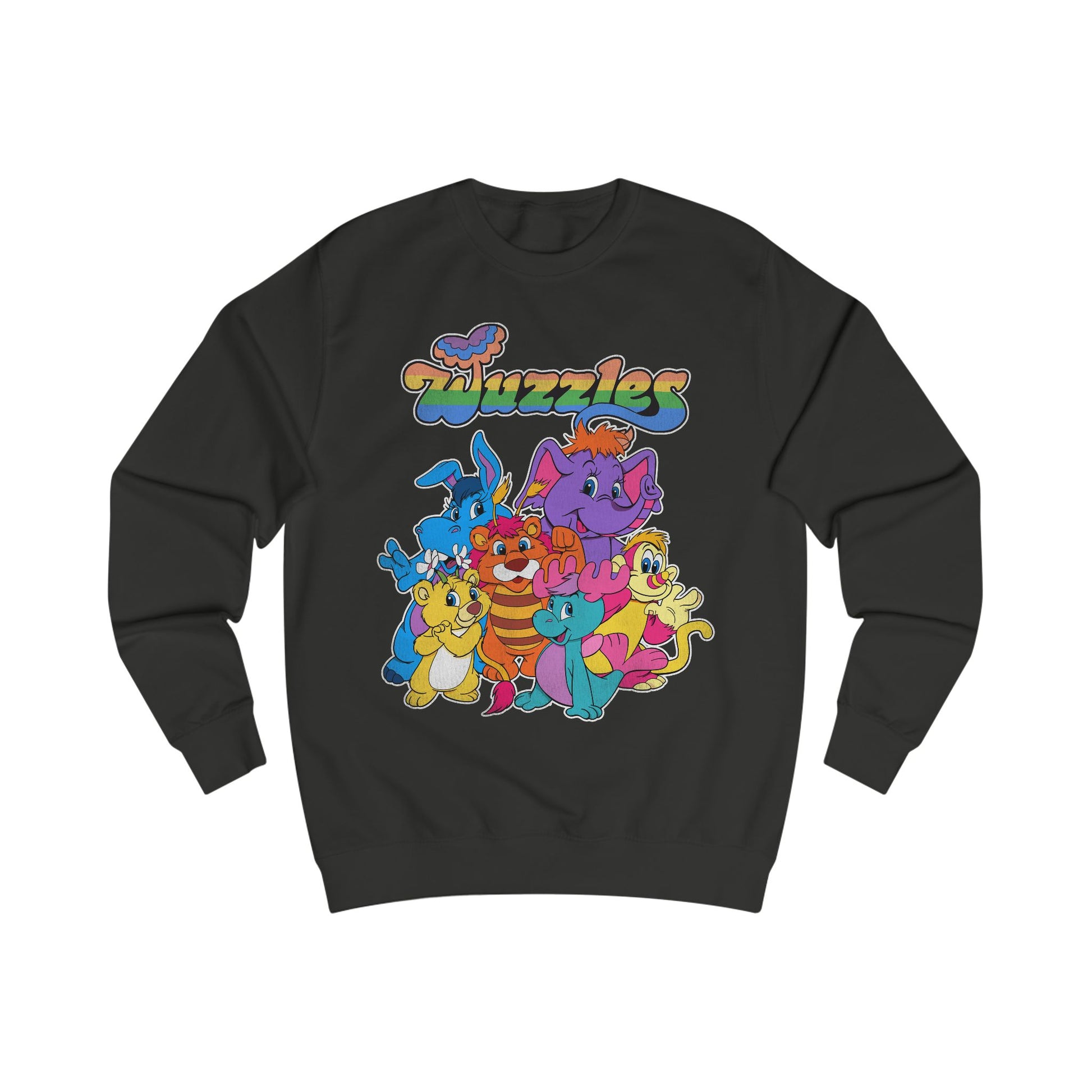 Black sweatshirt with colorful cartoon characters and 'Wuzzles' text on a white background