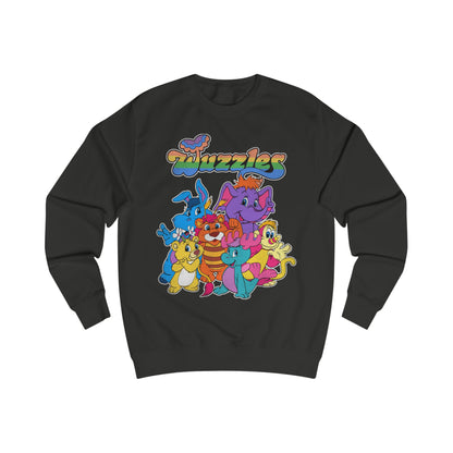 Black sweatshirt with colorful cartoon characters and 'Wuzzles' text on a white background