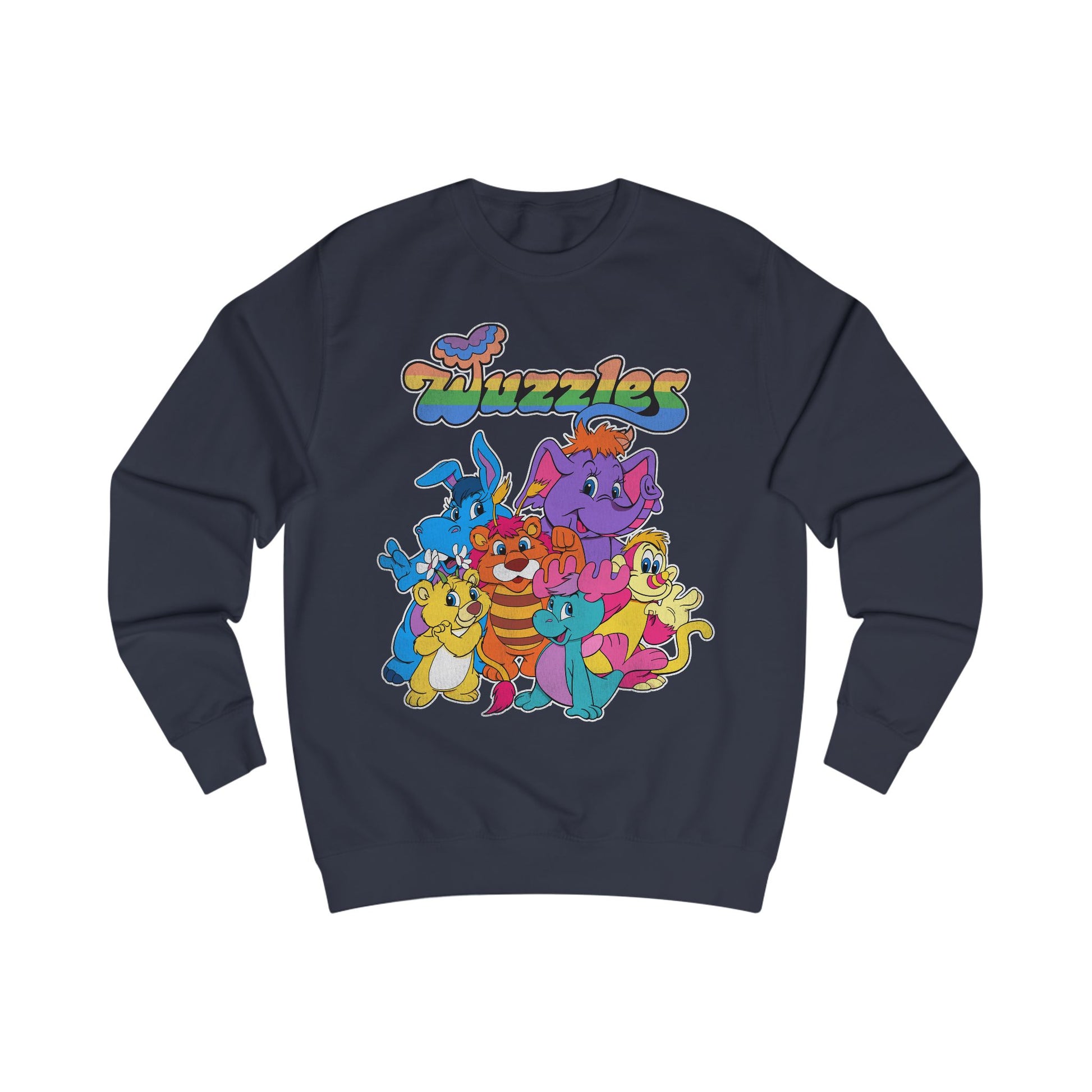 Navy blue sweatshirt with colorful 'Wuzzles' character design on a white background