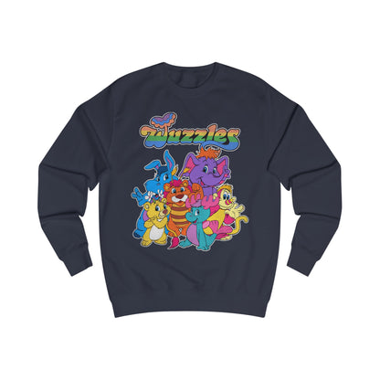 Navy blue sweatshirt with colorful 'Wuzzles' character design on a white background