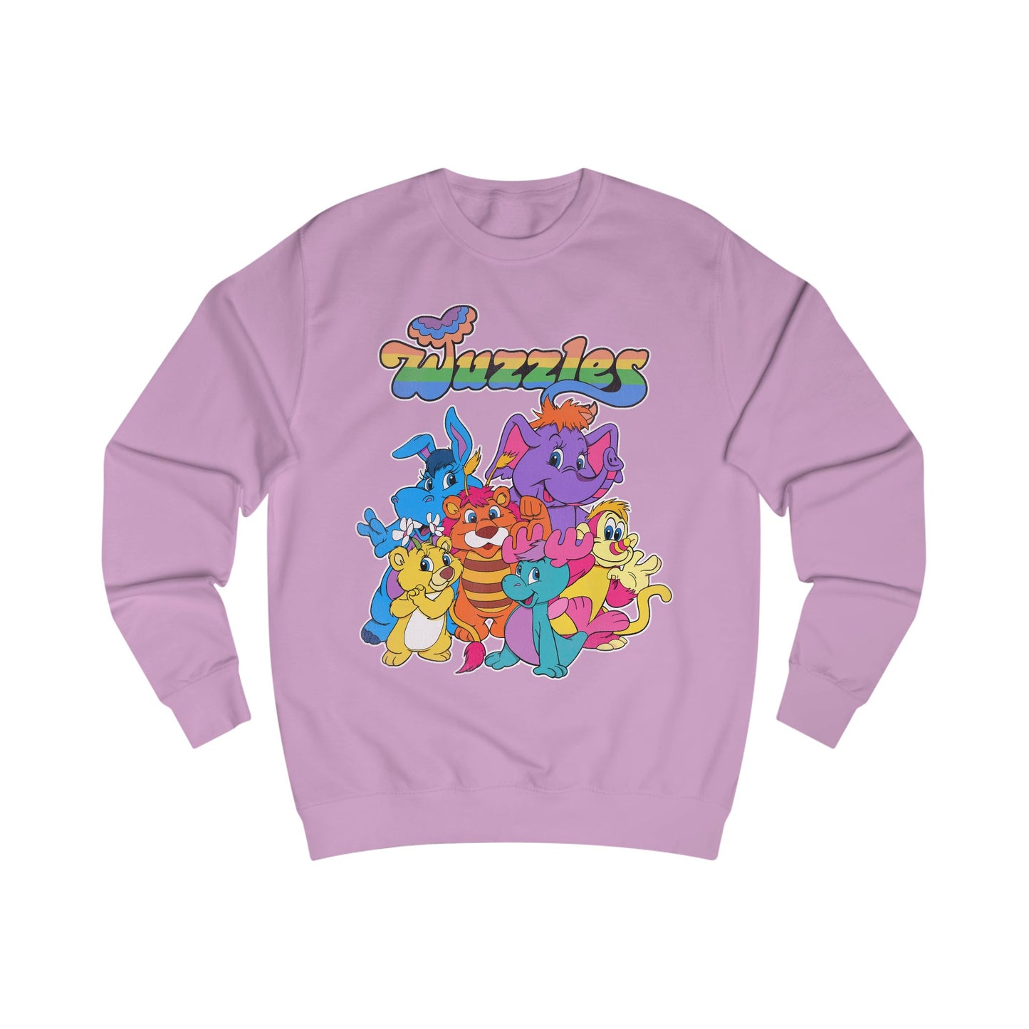 Purple sweatshirt with colorful 'Wuzzles' character design on a white background