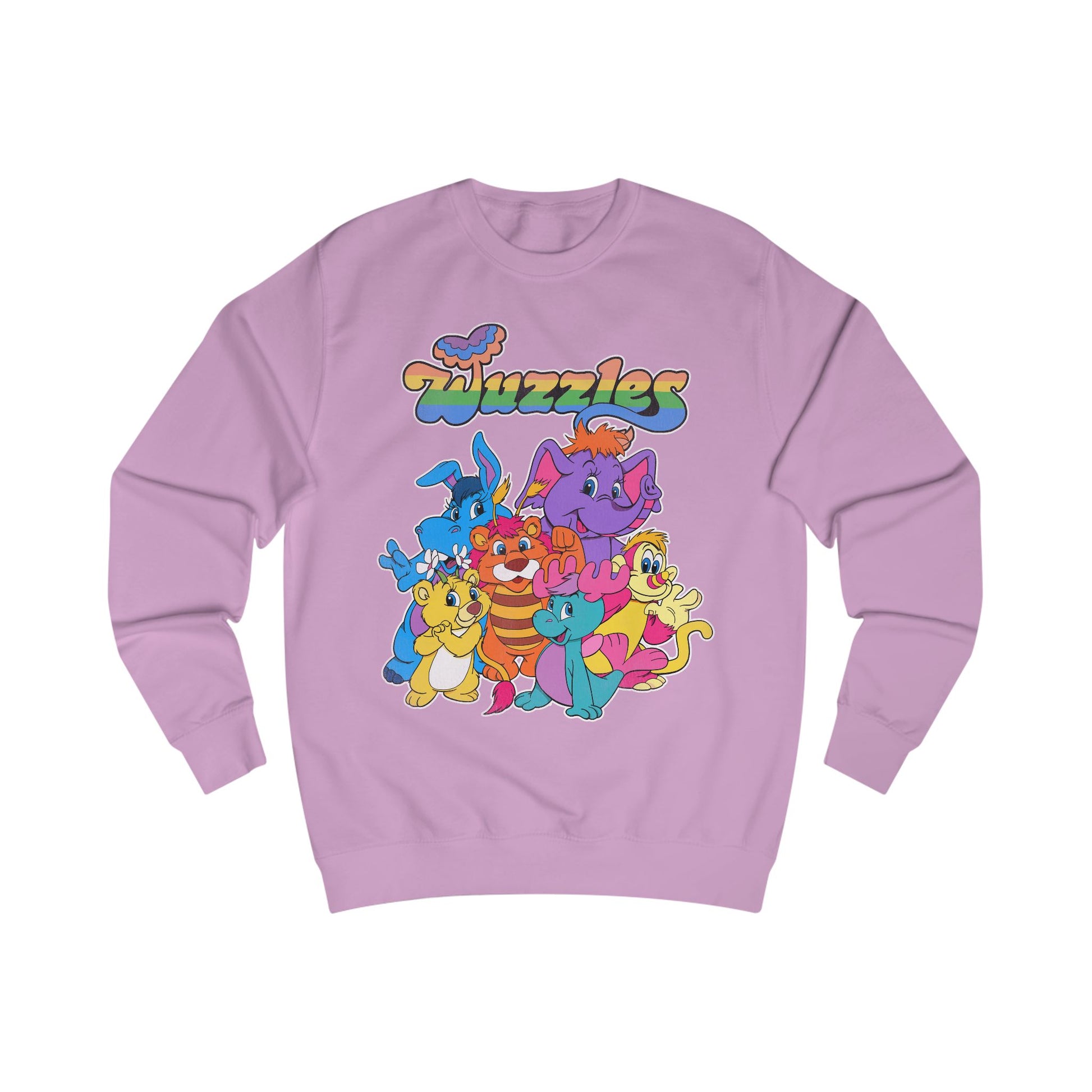 Purple sweatshirt with colorful 'Wuzzles' character design on a white background