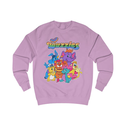 Purple sweatshirt with colorful 'Wuzzles' character design on a white background