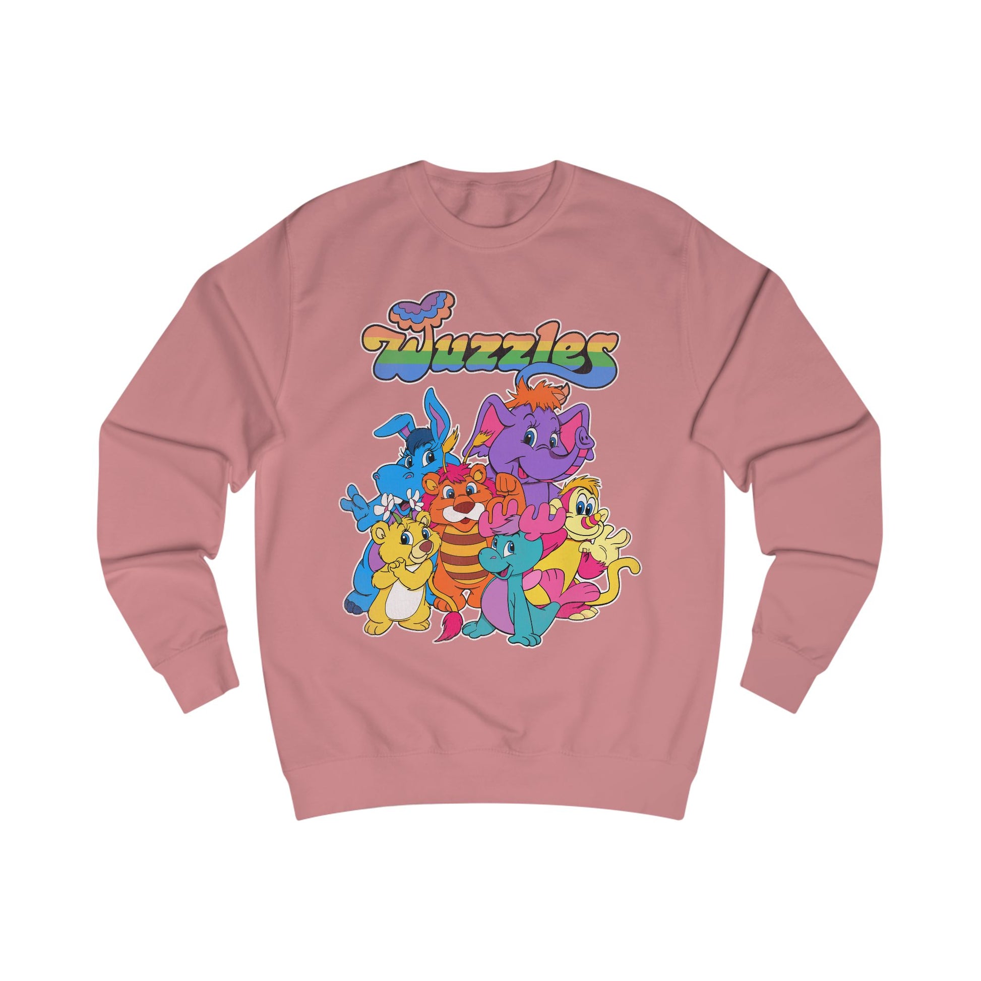Pink sweatshirt with colorful 'Wuzzles' character design on a white background