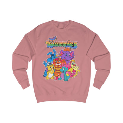 Pink sweatshirt with colorful 'Wuzzles' character design on a white background