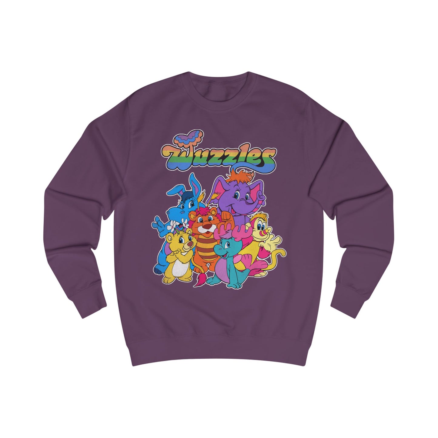 Purple sweatshirt with colorful 'Wuzzles' character design on a white background