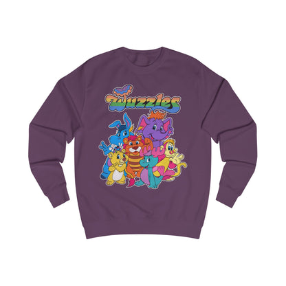 Purple sweatshirt with colorful 'Wuzzles' character design on a white background