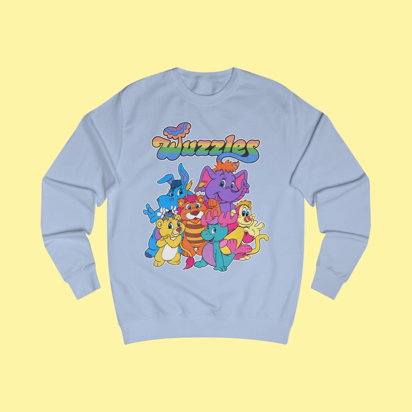 Light blue sweatshirt with colorful cartoon characters and 'Wuzzles' text on a white background