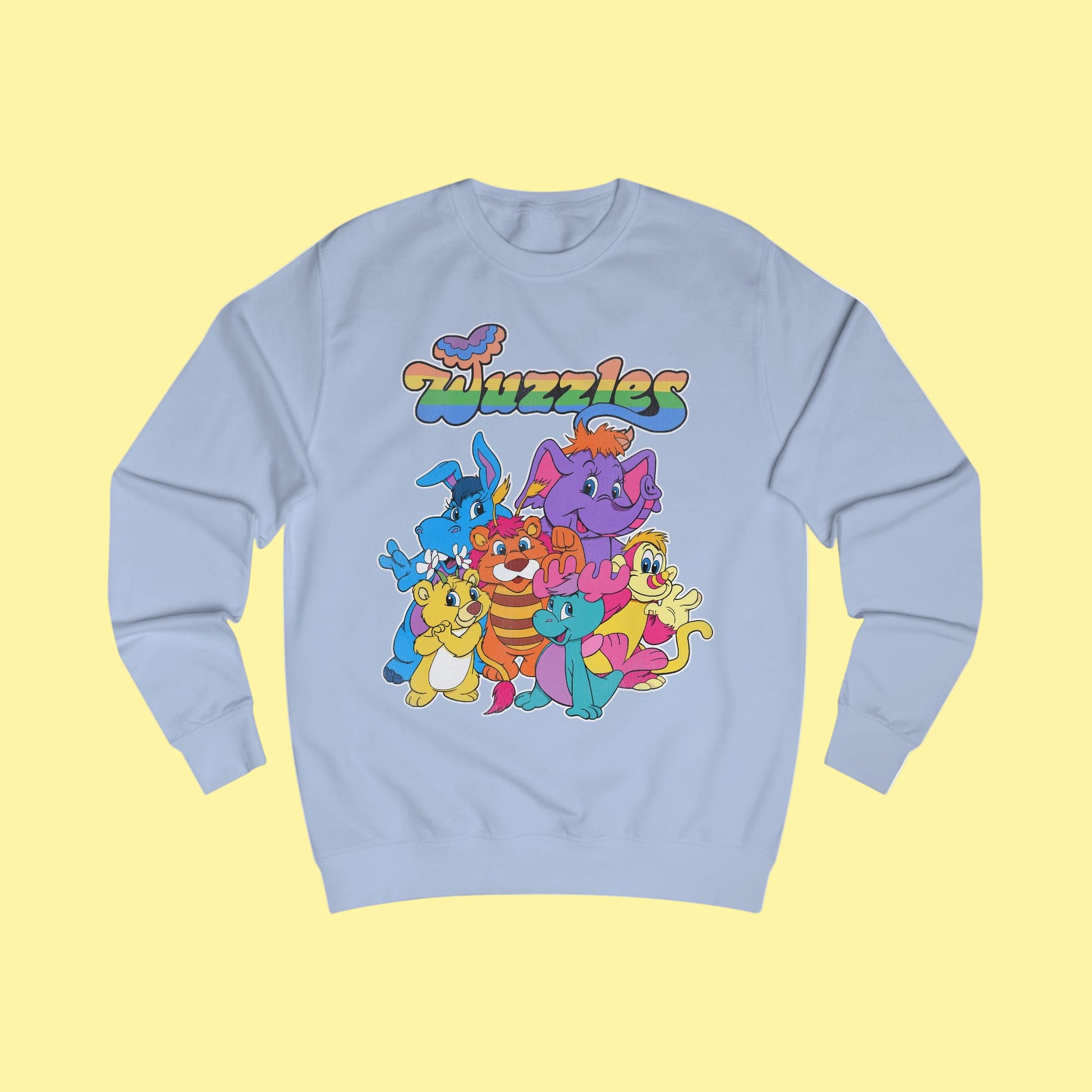 Light blue sweatshirt with colorful cartoon characters and 'Wuzzles' text on a white background