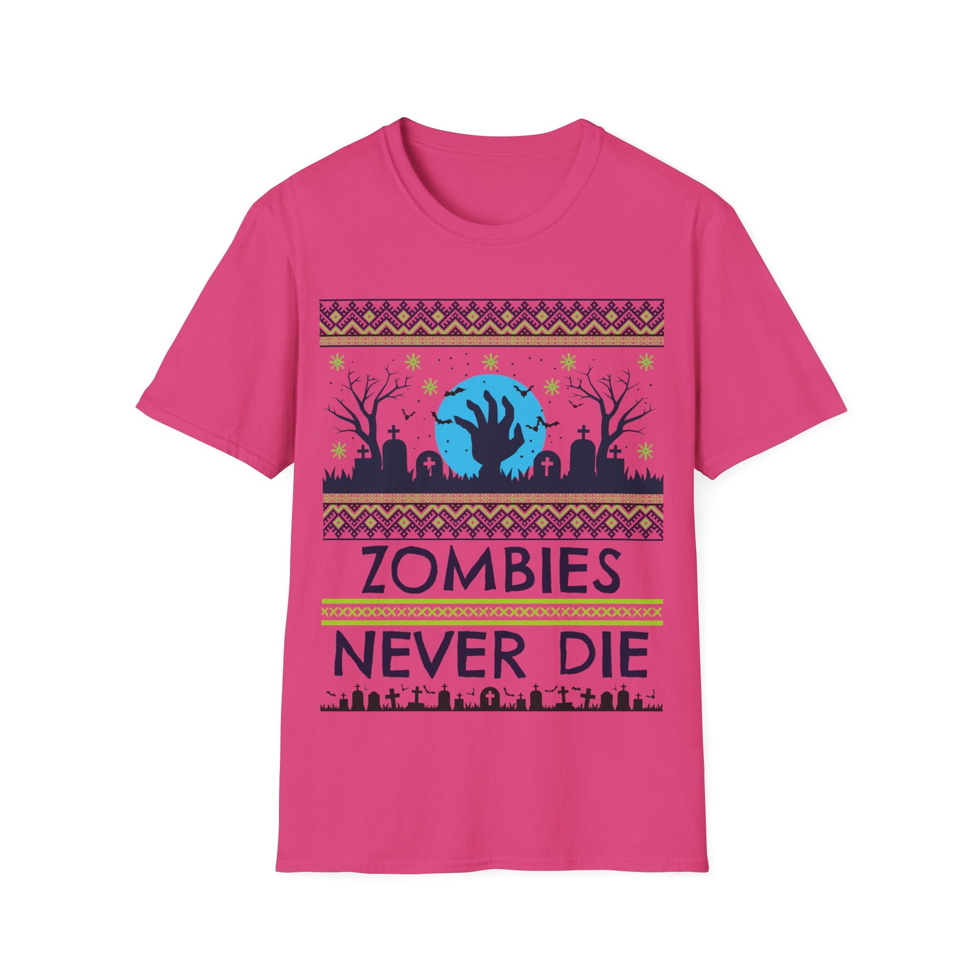 Pink t-shirt with zombie-themed design and 'Zombies Never Die' text on a white background