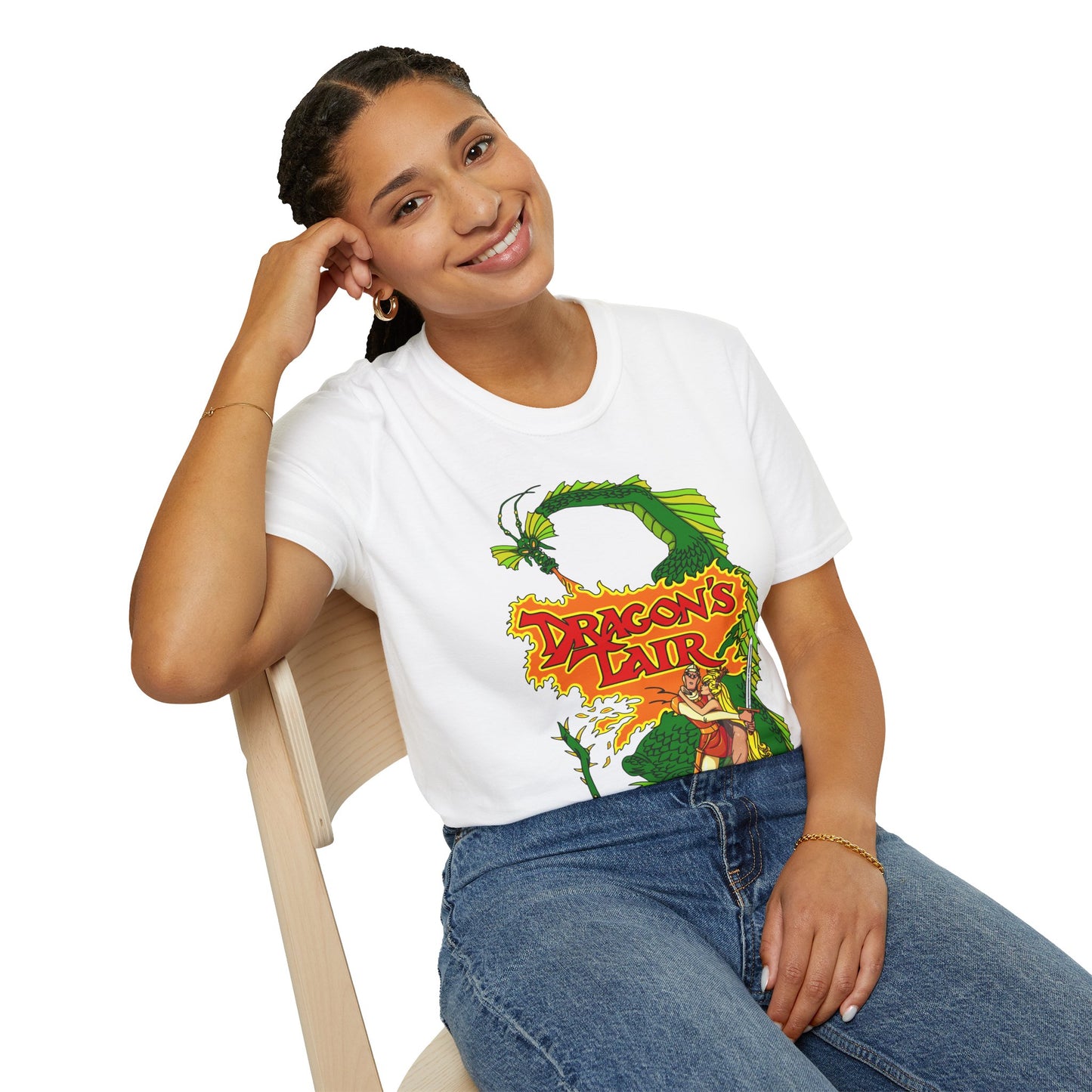 Person wearing a retro video game 'Dragon's Lair' t-shirt with 'Dragon's Lair' retro gaming graphic design featuring a dragon and a character.
