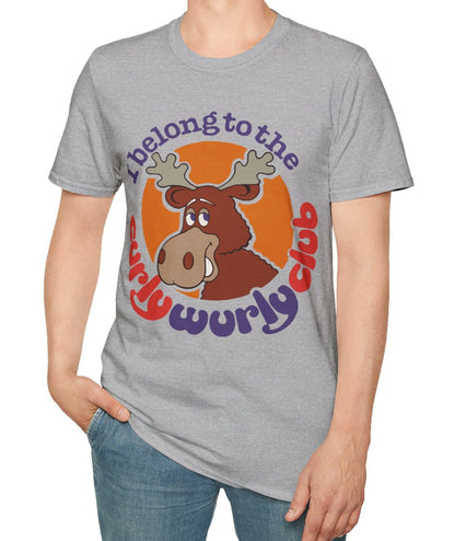 Person wearing a grey t-shirt with a graphic design of a moose and Curly Wurly Club text on a white background