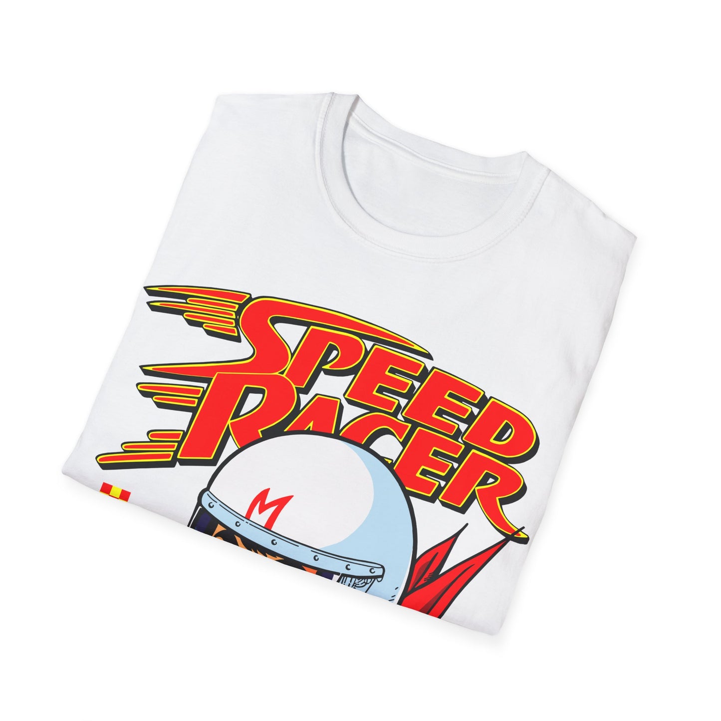 White t-shirt with 'Speed Racer' graphic design on a white background