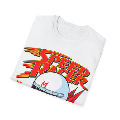 White t-shirt with 'Speed Racer' graphic design on a white background