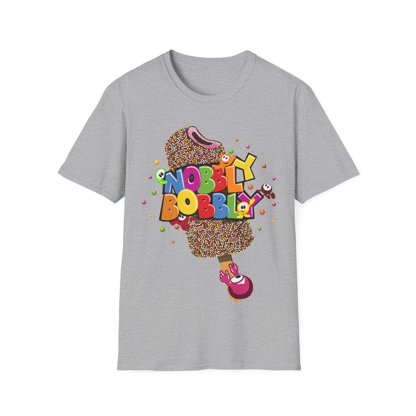 Gray t-shirt with colorful 'Nobbly Bobbly' graphic design on a white background