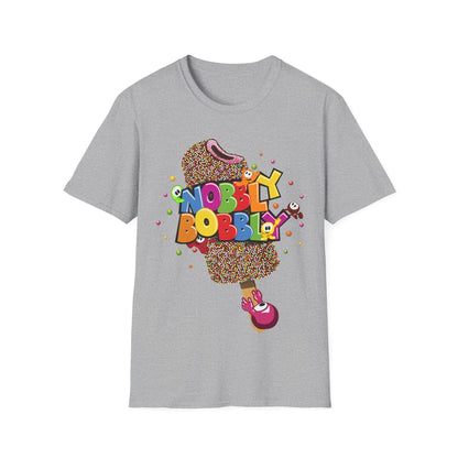 Gray t-shirt with colorful 'Nobbly Bobbly' graphic design on a white background
