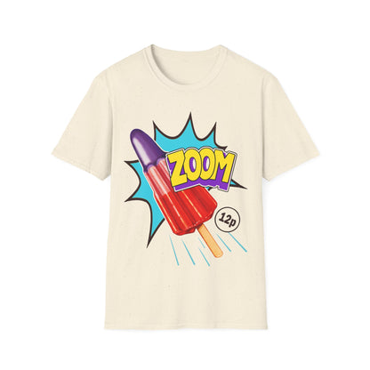 Beige t-shirt with a popsicle graphic and 'ZOOM' text on a white background