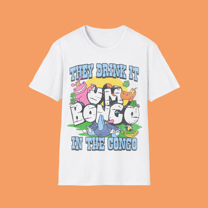 White short sleeve official Um Bongo T-shirt colourful 80s tropical juice drink cartoon animals with They drink it in the congo text and Um bongo logo