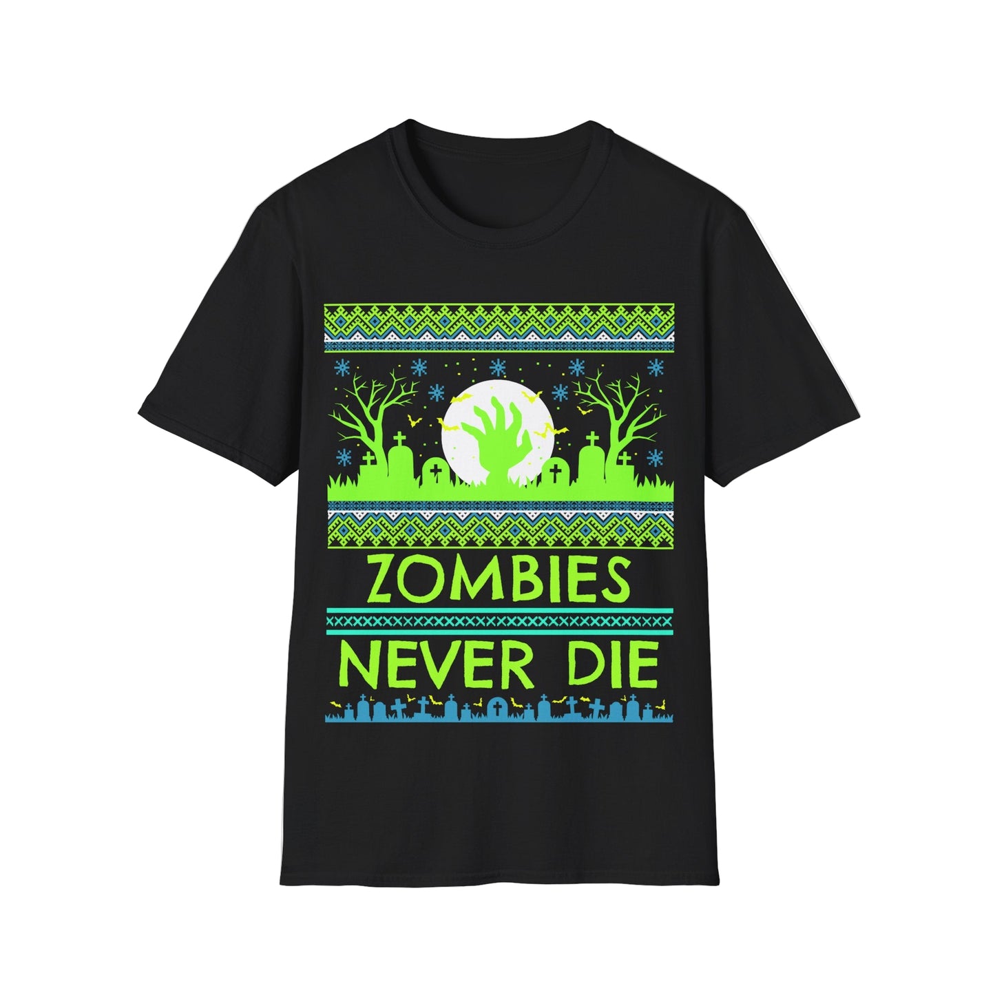 Black t-shirt with a green and blue vibrant graphic design featuring a zombie theme and text 'Zombies Never Die' on a white background.