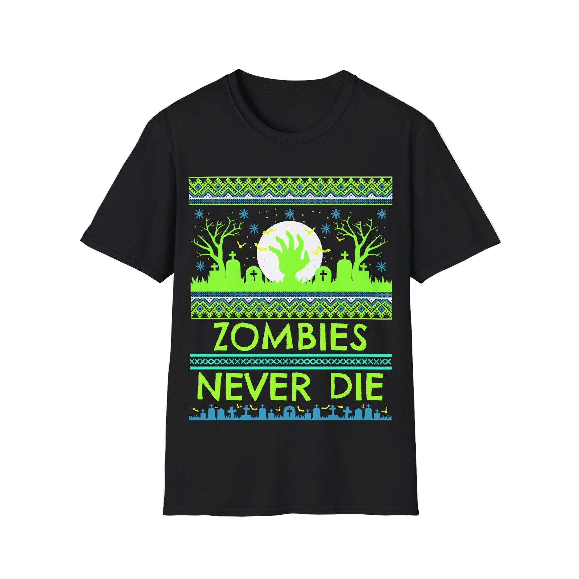 Black t-shirt with a green and blue vibrant graphic design featuring a zombie theme and text 'Zombies Never Die' on a white background.