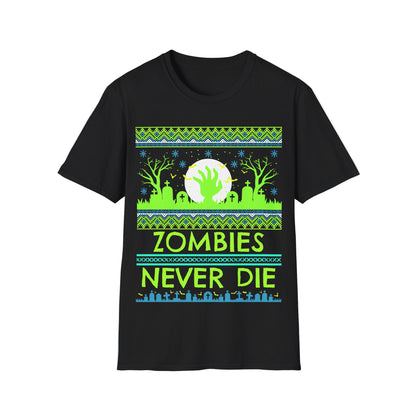 Black t-shirt with a green and blue vibrant graphic design featuring a zombie theme and text 'Zombies Never Die' on a white background.