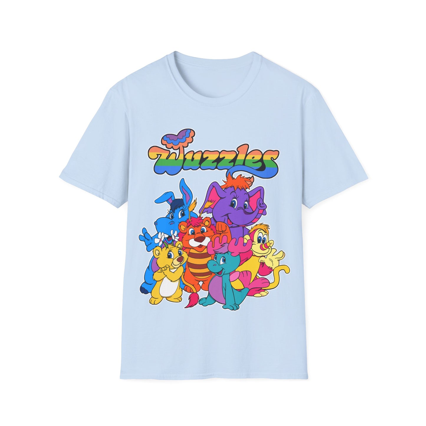 Light blue t-shirt with colorful cartoon characters and 'Wuzzles' text on a white background