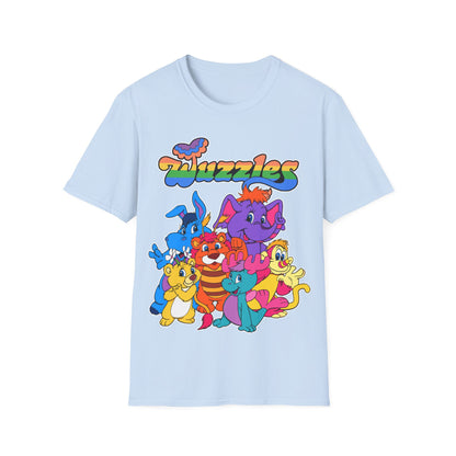 Light blue t-shirt with colorful cartoon characters and 'Wuzzles' text on a white background
