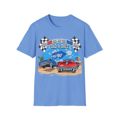 Blue t-shirt with a graphic of two cars racing with text The Red Car And The Blue Car Had A Race from an 80s TV advert