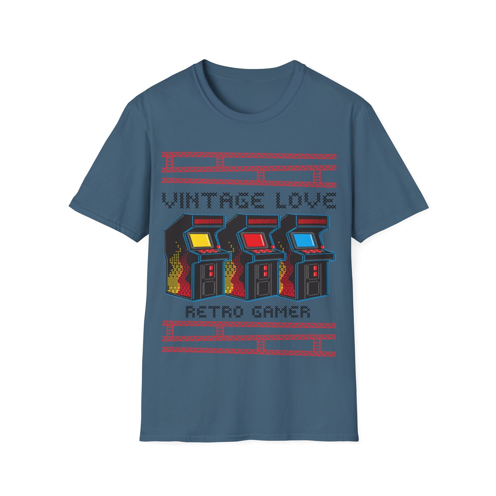 Indigo Blue t-shirt with retro arcade game design and Vintage Love Retro Gamer text on a white background