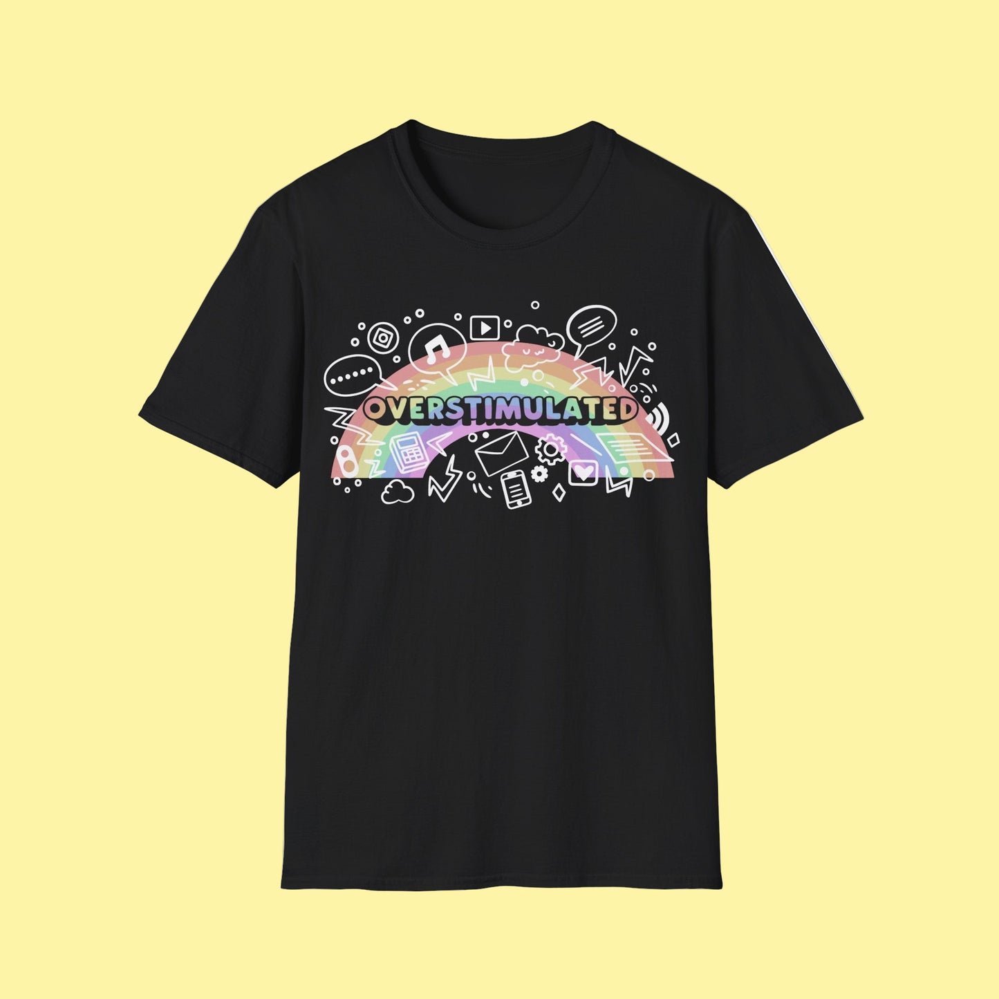 Black t-shirt with colorful rainbow and doodle design on a white background