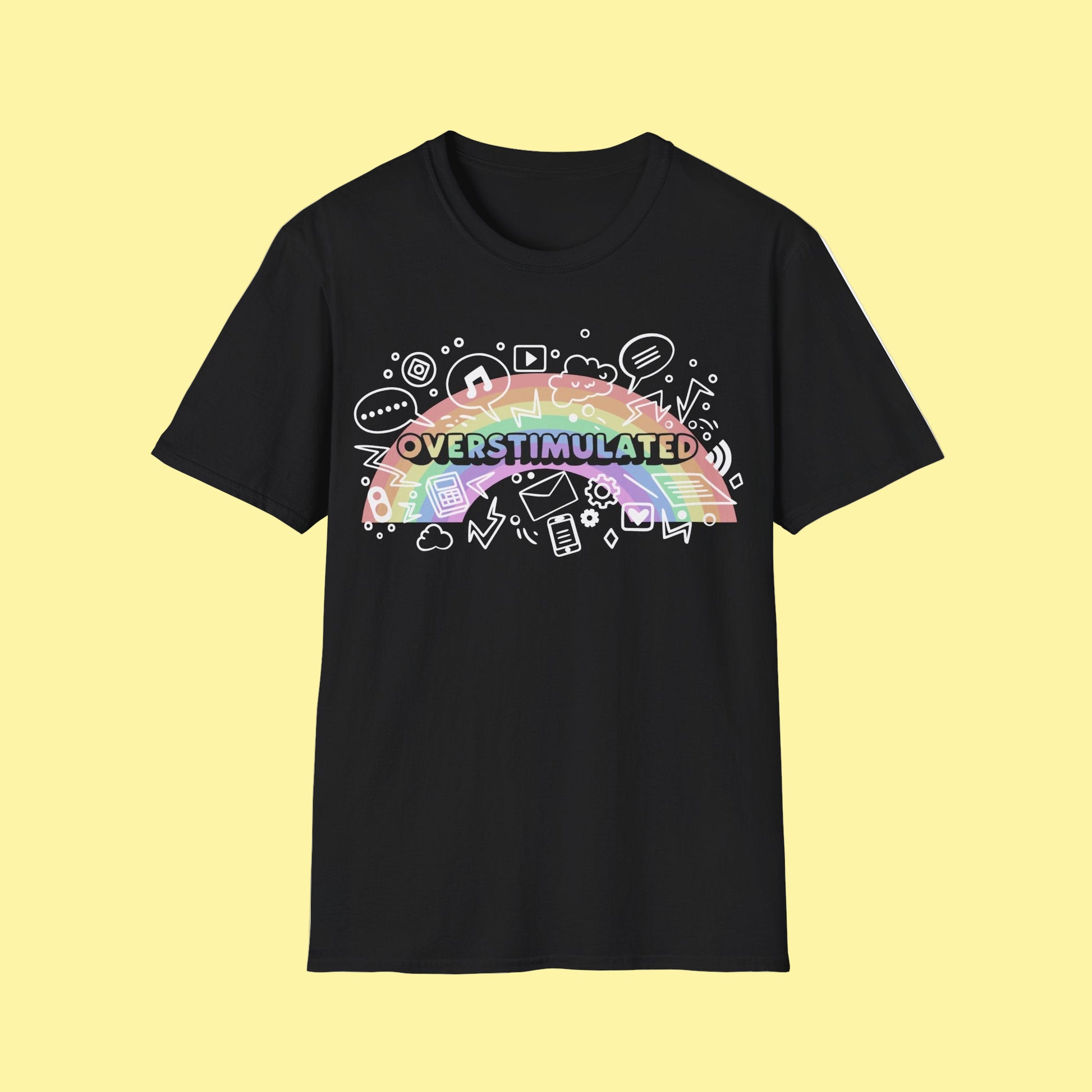 Black t-shirt with colorful rainbow and doodle design on a white background