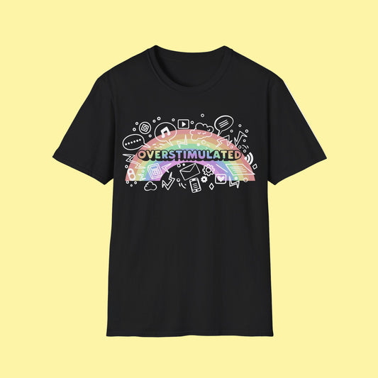 Black t-shirt with colorful rainbow and doodle design on a white background