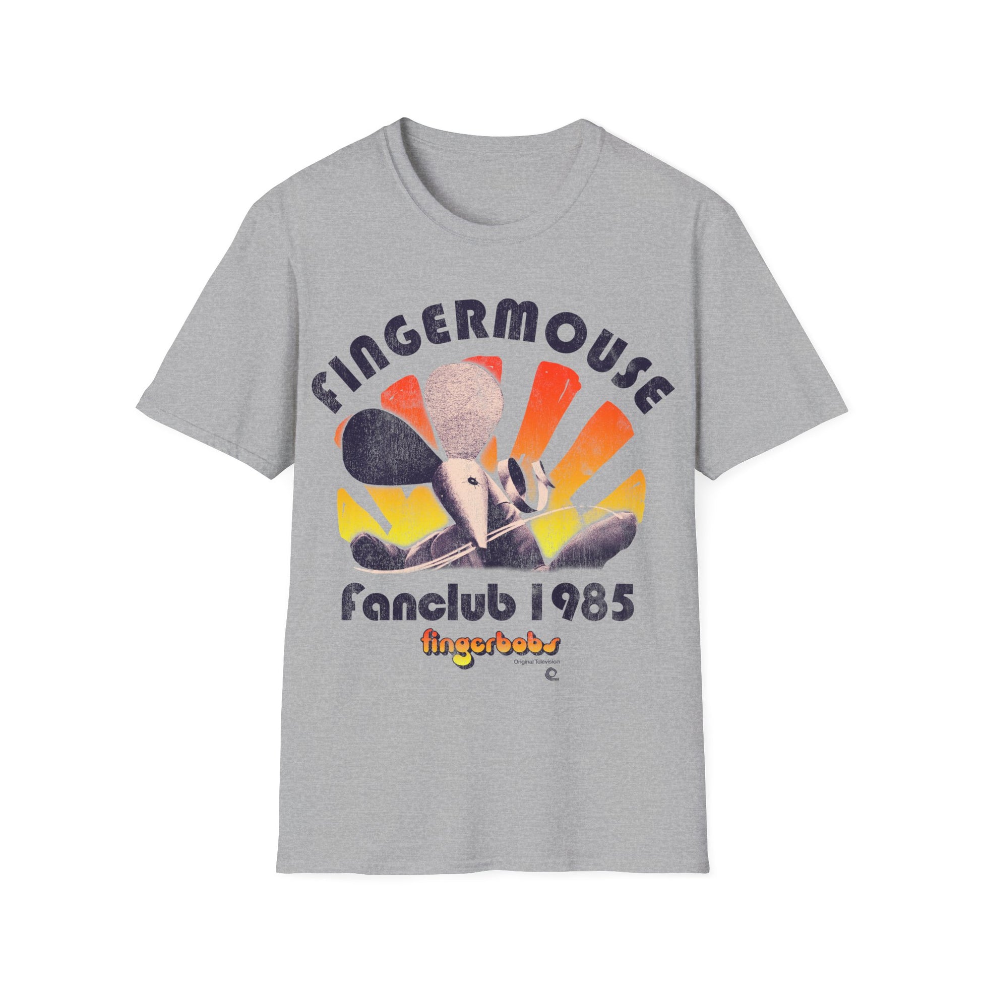 Grey t-shirt with 'Fingermouse Fanclub 1985' graphic design on a white background