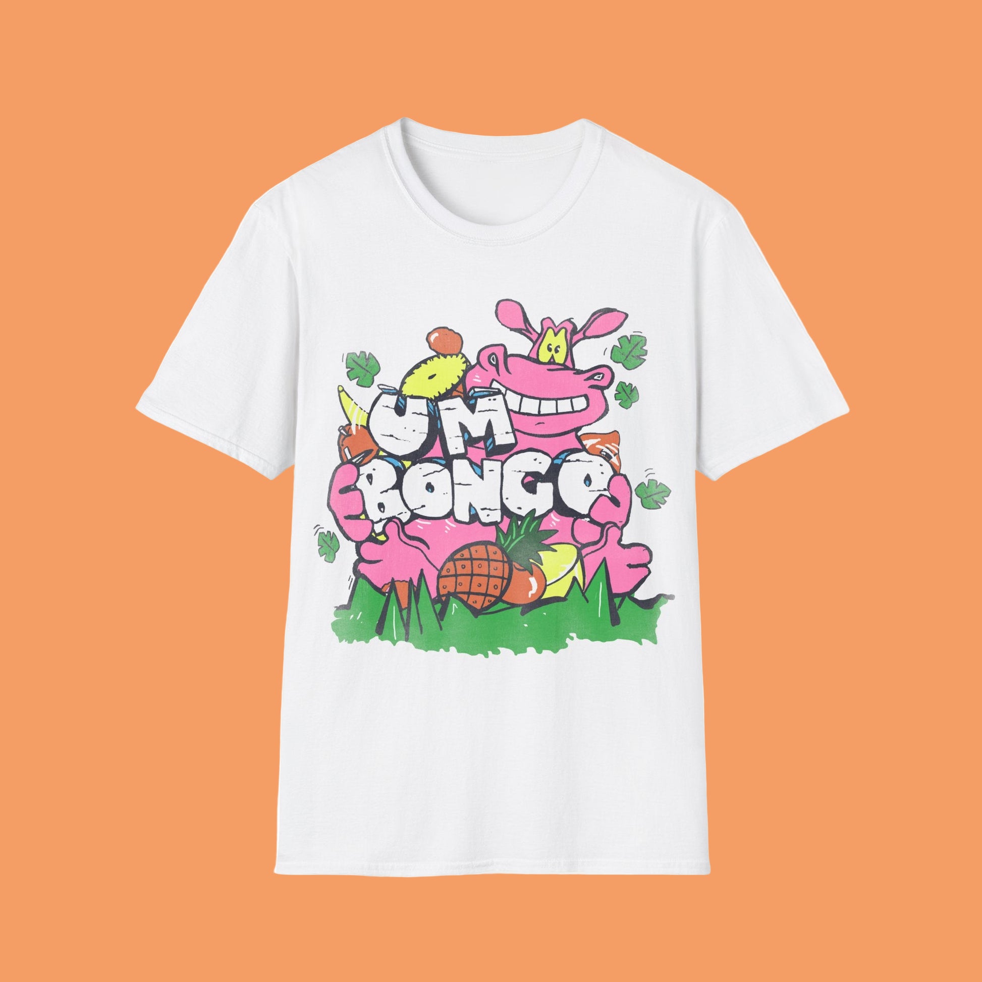 White short sleeve official Um Bongo hippo T-shirt 80s tropical juice drink with cartoon hippo and Um bongo logo