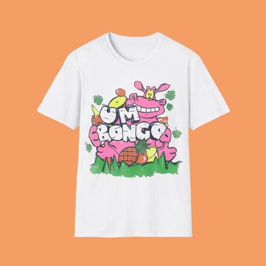 White short sleeve official Um Bongo hippo T-shirt 80s tropical juice drink with cartoon hippo and Um bongo logo