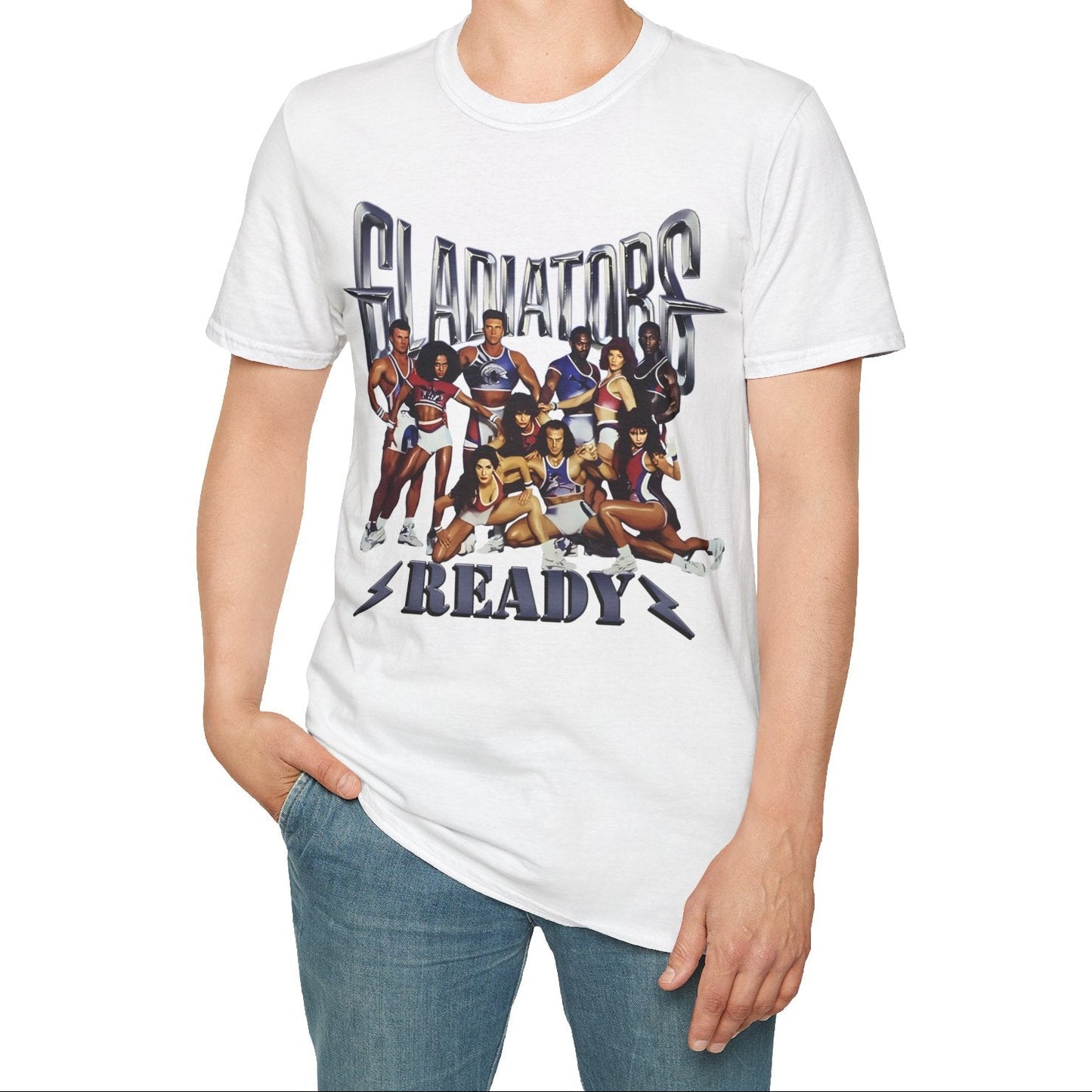 Person wearing a white t-shirt with graphic design and text on a white background